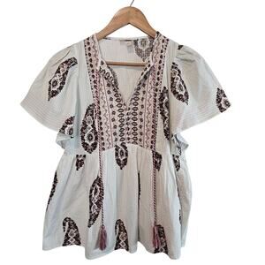 Knox Rose Babydoll Blouse Womens Small White Boho Floral Fairy Cottage Festival